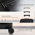 Black trolley suitcase detail with top zipper, telescopic handle, and front wheel