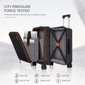 Open black hard-shell trolley suitcase showing laptop sleeve and mesh interior