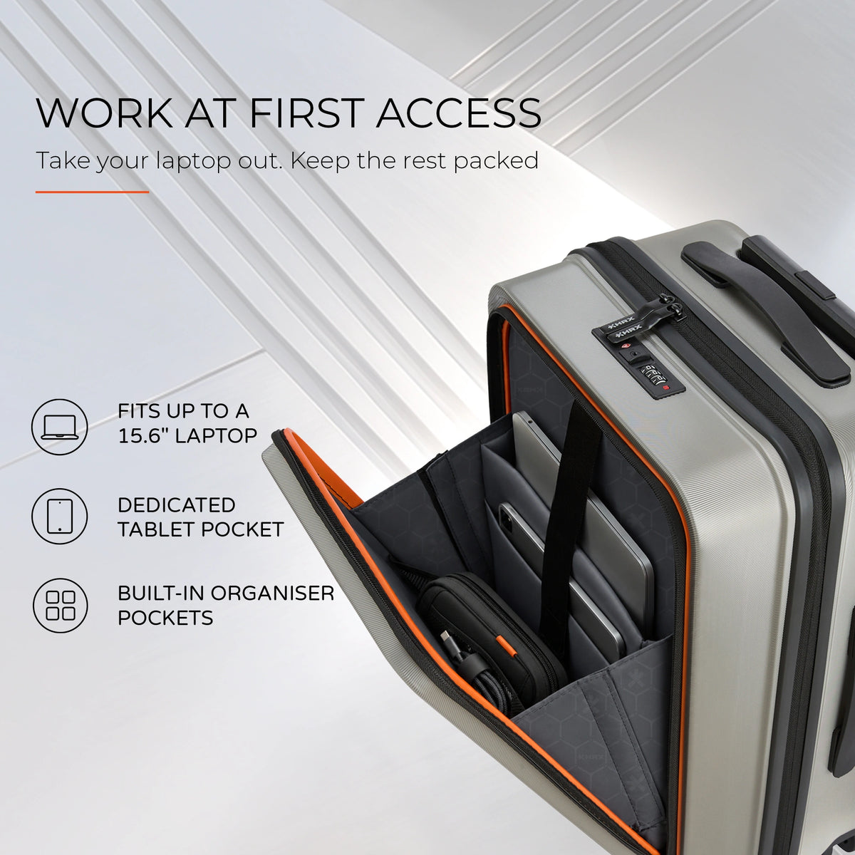 HRX laptop cabin trolley, silver shell with orange-trim organizer and padded laptop compartment