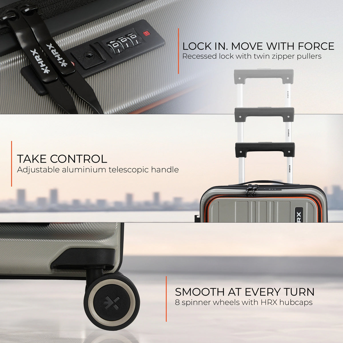 HRX trolley detail: adjustable telescopic handle and smooth-rolling spinner wheels