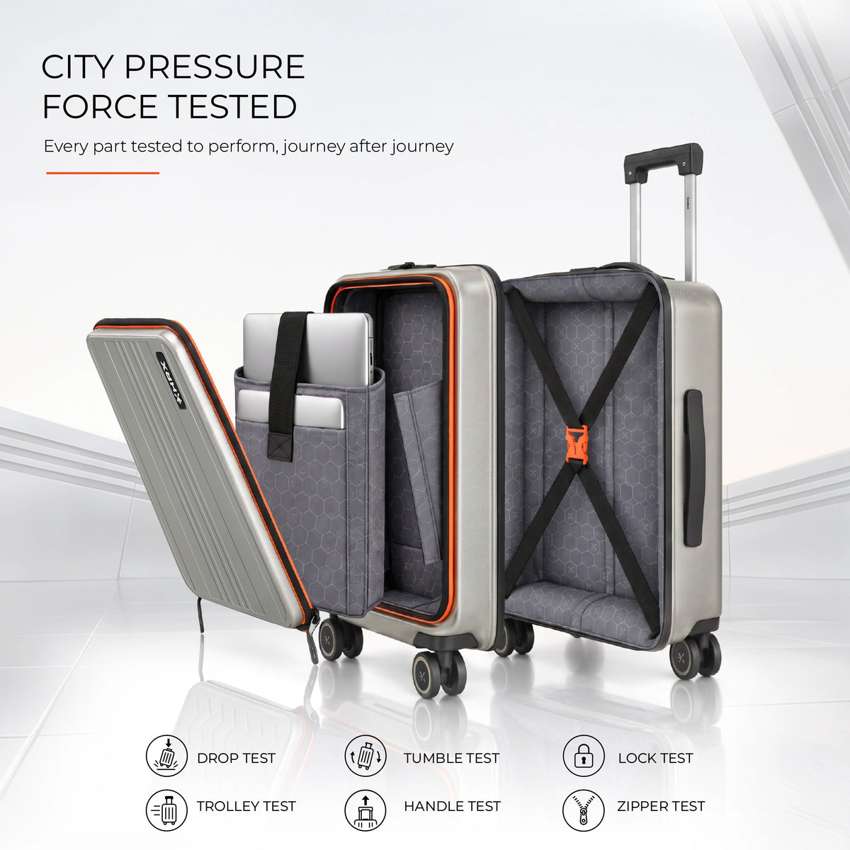 Gray hard-shell laptop trolley suitcase with open compartments and orange-trim zipper