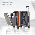 Gray hard-shell laptop trolley suitcase with open compartments and orange-trim zipper