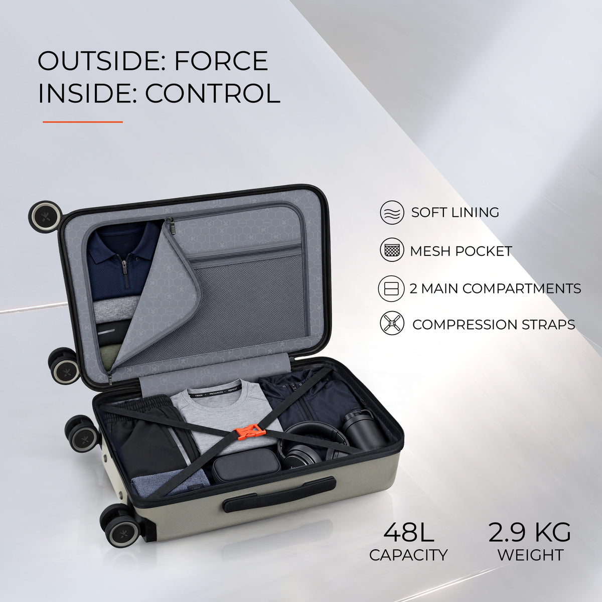 HRX trolley with open compartments, gray lining, mesh pocket, and compression straps