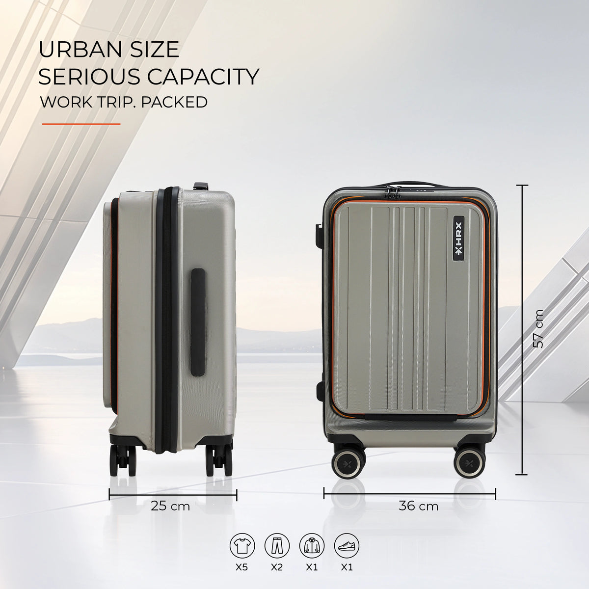 HRX laptop cabin trolley, front and side views with dimensions on the screen