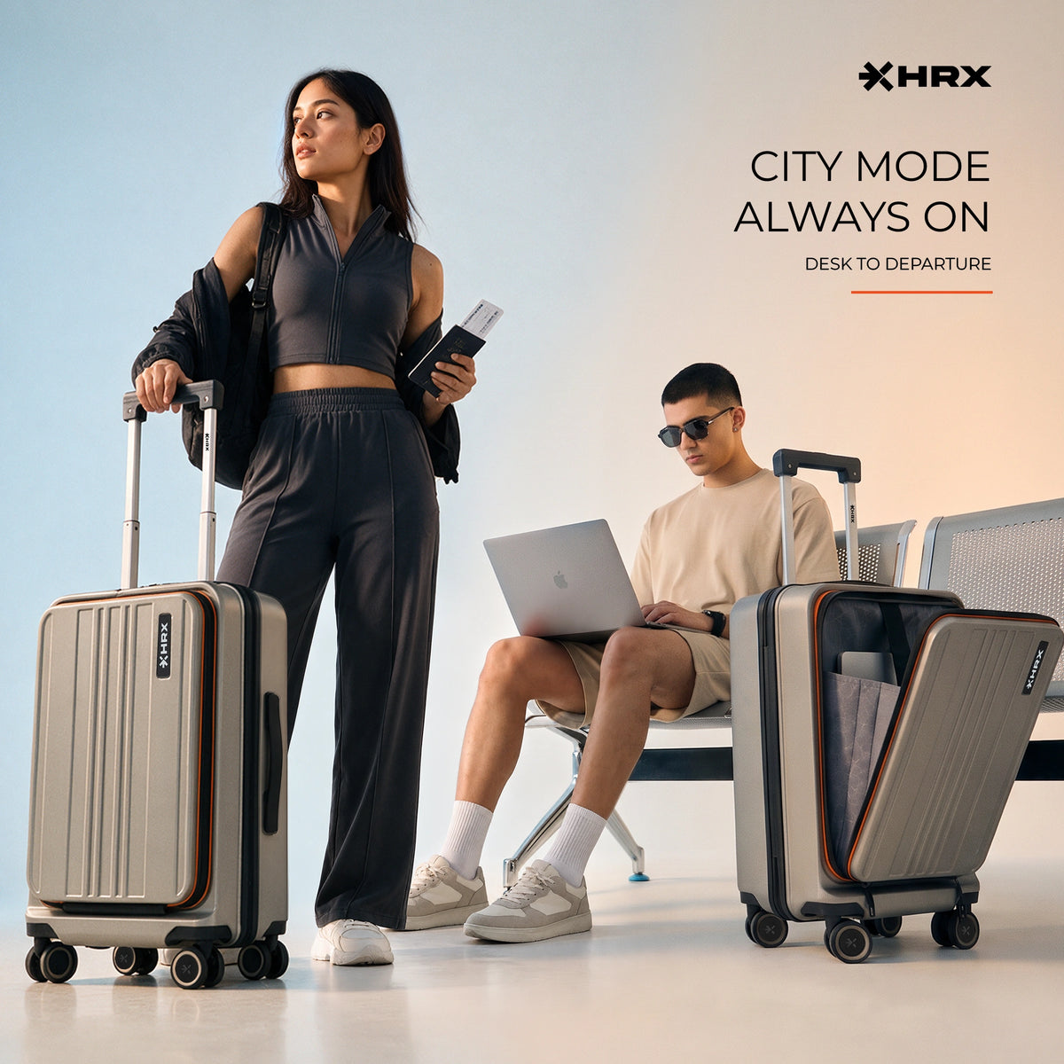 HRX city-mode laptop trolley set, light gray and dark gray options with orange trim