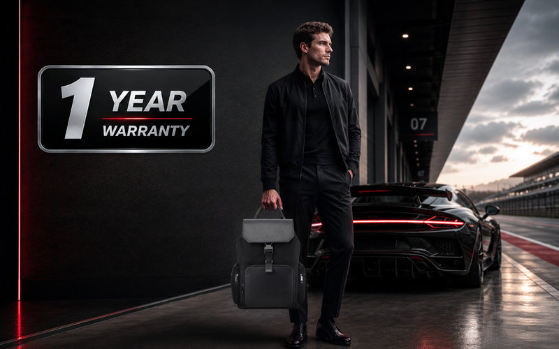 Rare Rabbit Gallardo27 Backpack shown with a 1-year warranty badge, man standing beside a sports car on a racetrack