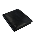 Black leather bi-fold wallet closed with subtle sheen and Rare logo
