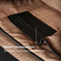 Leather card slot lining inside black briefcase bag with multiple compartments