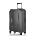Hard-shell trolley suitcase in dark grey, three-quarter view with spinner wheels