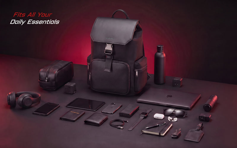 Rare Rabbit Gallardo27 Backpack flat-lay with daily essentials: headphones, laptop, water bottle, and tech accessories