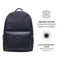 Black leather backpack with top handle, front zip pocket, and small logo badge