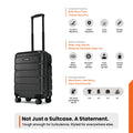 Black small cabin suitcase with 8 spinner wheels, branded front, standing view.