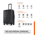 Black hardshell cabin suitcase with telescopic handle and four spinner wheels