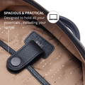 Leather backpack interior with laptop sleeve pocket and snap-strap closure tab