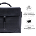 Black leather briefcase front corner with hanging leather tag