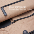 Leather-lined backpack interior with card slots and zippered compartment