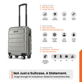 Silver small cabin suitcase with 8 spinner wheels, branded front, standing view.