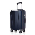 Hard-shell trolley suitcase in dark blue with molded front and four spinner wheels