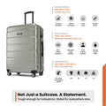 Silver hard-shell check-in suitcase with telescopic handle and four wheels