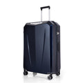 Hard-shell trolley suitcase in dark blue, side view with vertical zip pocket and wheels
