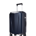 Dark blue hard-shell trolley suitcase side view with handle and front wheels