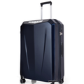 Dark blue hard-shell trolley suitcase angled side view with telescoping handle