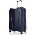 Hard-shell trolley suitcase in dark blue, angled front view with integrated handle