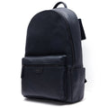 Black leather backpack front with top handle and small logo on lower flap