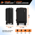 Black hard-shell trolley suitcase with four spinner wheels and laptop compartment