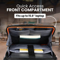Open commute trolley interior with padded laptop sleeve, straps, and mesh pockets
