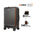 Closed laptop compartment trolley with orange-trim edges and 4 spinner wheels
