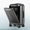 Grey laptop cabin trolley with front access panel open, showing interior compartments