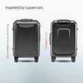 Black carry-on laptop trolley front and back views with carbon-fiber texture and spinner wheels