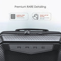 Black laptop cabin trolley close-up with Rare logo plate and carbon-fiber textured surface