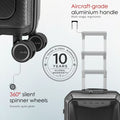 Black trolley with aircraft-grade handle, 360 silent spinner wheels, and 10-year warranty seal