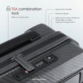 Black trolley with TSA combination lock panel, reverse zipper, and USB connector