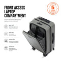 Dark grey cabin trolley with front-access laptop compartment panel open
