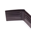 Dark brown leather bi-fold wallet interior with card slots and open bill section