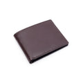 Dark brown leather bi-fold wallet with embossed logo on front and stitched border