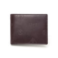 Dark brown leather bi-fold wallet, front view with embossed emblem and contrast stitching