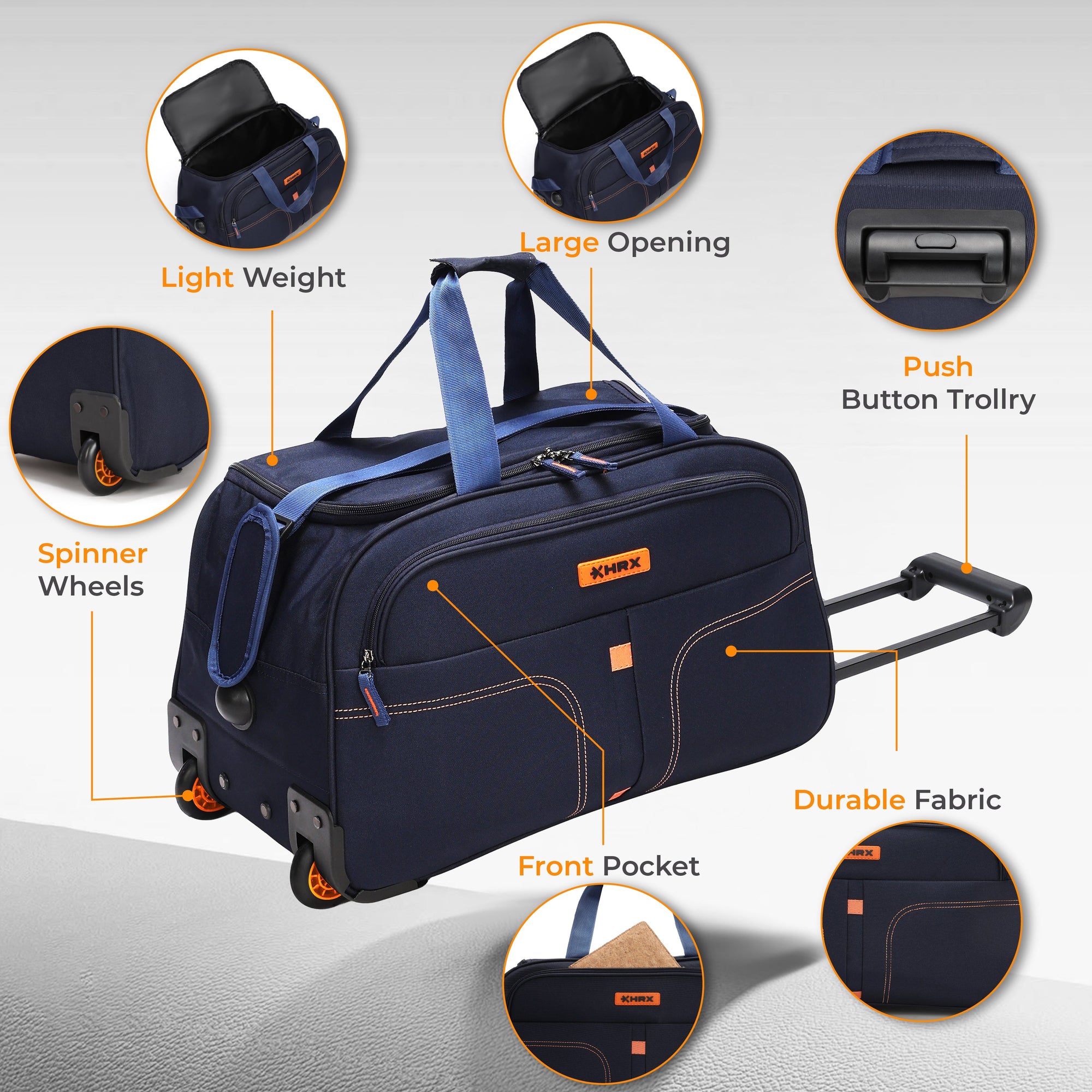 HRX Strolley Duffel Bag - Overdrive Wheel Push Button Soft Luggage