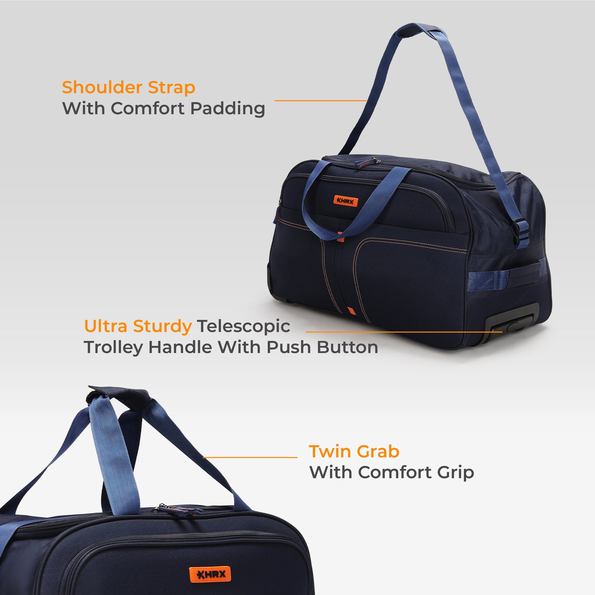 HRX Strolley Duffel Bag - Overdrive Wheel Push Button Soft Luggage