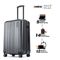 Charcoal grey hard-shell suitcase with telescopic handle and four caster wheels
