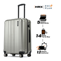 Medium check-in suitcase, dark silver hard shell with ribbed panels, front latch and wheels