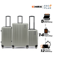 Three-piece luggage set in light silver-gray with stacked cases and matching wheel bases.