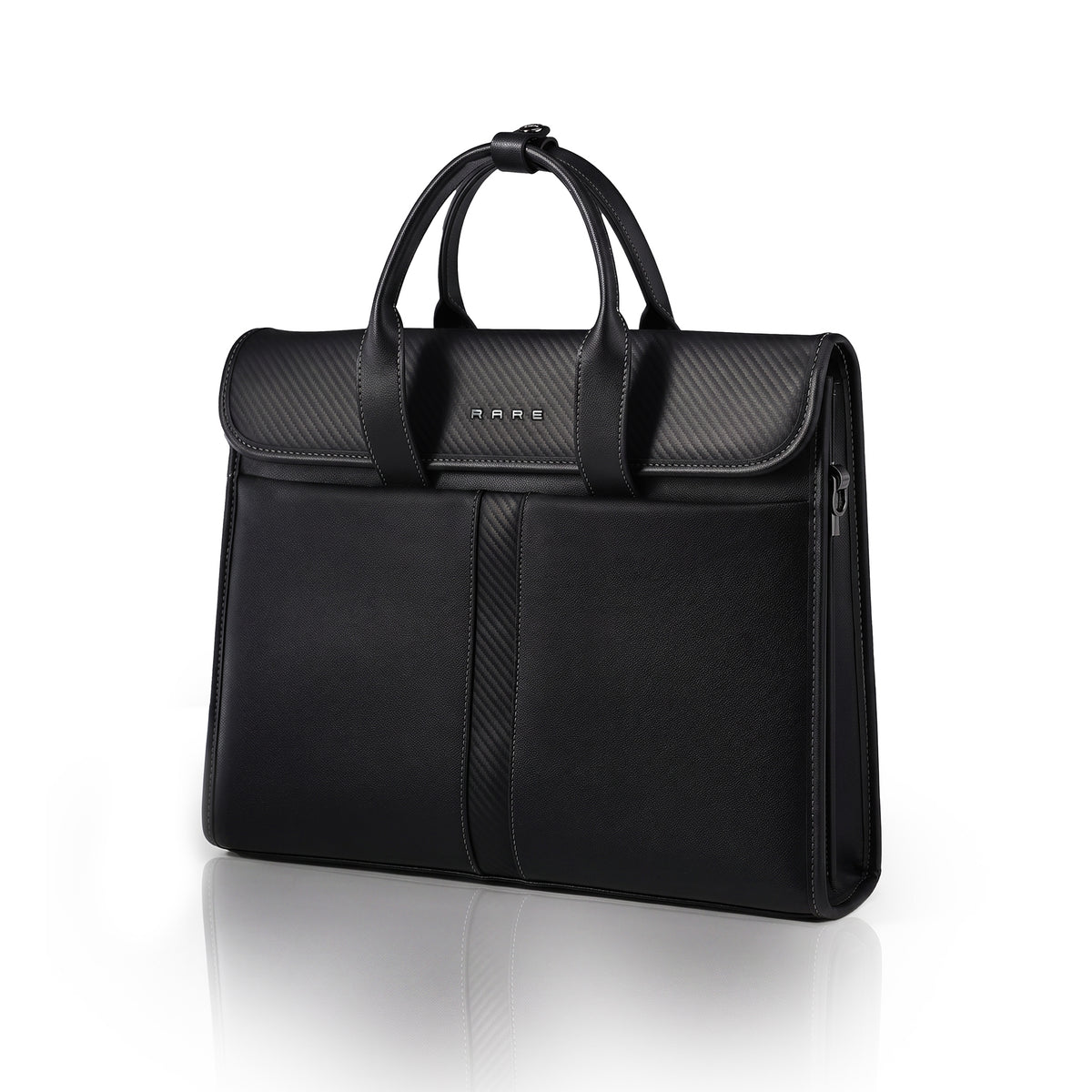 Black nylon messenger bag with carbon-fiber texture panels, top handles and side pocket