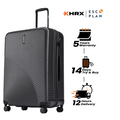 Large check-in suitcase, charcoal grey hardshell with curved stripe texture, front view