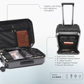 Cabin trolley suitcase interior with dual utility pockets and padded laptop sleeve, open