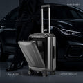 Laptop trolley suitcase in dark grey with front panel open and telescopic handle