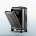 Dark grey laptop trolley suitcase with front compartment panel open and spinner wheels
